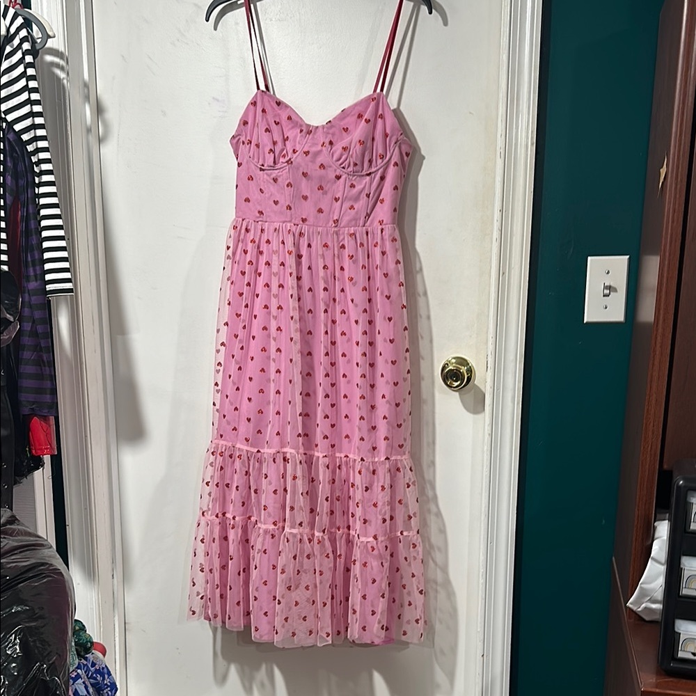 Betsey Johnson Pink Ruffled Tiered Midi Heart Dress